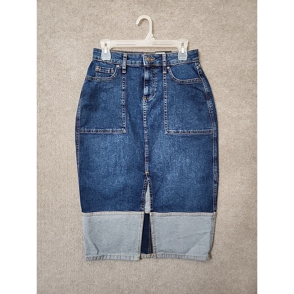 Simply Vera Wang Two-Tone Denim Skirt Womens Small Petite Blue Front Slit NEW - Picture 3 of 11